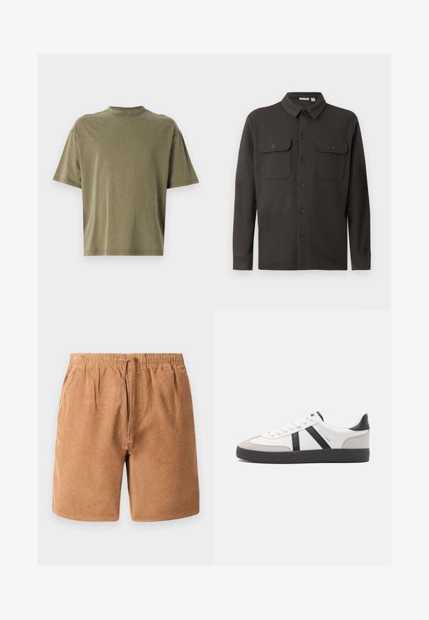 Dunkelgrauhemden aus weichem Stoff, mit Kragen, zwei Brusttaschen und langen Ärmeln mit geknöpften Manschetten.; Olivgrünes, kurz geschnittenes T-Shirt aus weichem Stoff mit hohem Rundhalsausschnitt und kurzen Ärmeln in lockerer Passform.; Braune Cordshorts mit einem elastischen Bund und verstellbarem Kordelzug, mit vertikal gerippter Textur und Seitentaschen.; Weiße Sneaker mit schwarz- und grau-aczenten, ausgestattet mit einer strukturierten grauen Zehenkappe, schwarzer Gummi-Sohle und flachen weißen Schnürsenkeln. Sauberes Design, minimalistische Stil.