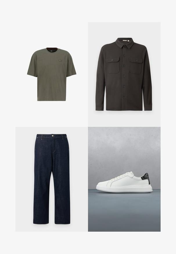 Camisa de botón gris oscuro, hecha de una tela suave, con cuello, dos bolsillos en el pecho y mangas largas con puños abotonados.; Camiseta de manga corta color verde oliva hecha de algodón, con escote redondo y un pequeño logo dorado bordado en el lado izquierdo del pecho.; Vaqueros oscuros de corte recto con botón frontal, cremallera, trabillas para cinturón y bolsillos, mostrados sobre un fondo liso.; Zapatilla blanca con parte superior de cuero suave y un acento en el talón negro contrastante. Presenta cordones planos y una suela de goma texturizada.