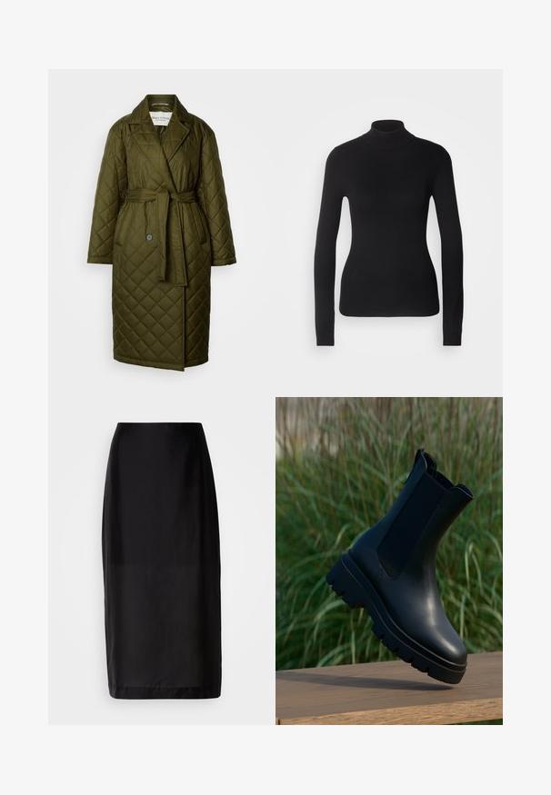 Quilted lang frakke i olivengrøn med en vstikka krave, bælte i taljen og to knaplukninger. Har diamantmønstret tekstur.; Sort turtleneck sweater lavet af let strikket stof. Har lange ærmer, et tætsiddende design og en blød ribbet tekstur.; Sort midi nederdel med lige design, lavet af glat stof. Har en talje og en søm ved knæ længde.; Sorte læderankelstøvler med et elegant design, rundet tå, elastiske sidepaneler og kraftige, teksturerede gummisåler.
