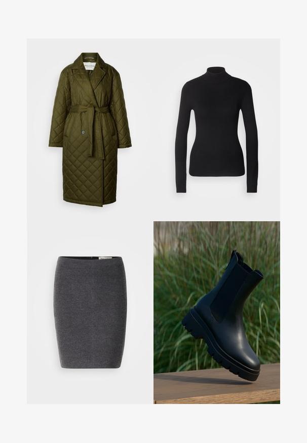 Quilted lang frakke i olivengrøn med en vstikka krave, bælte i taljen og to knaplukninger. Har diamantmønstret tekstur.; Sort turtleneck sweater lavet af let strikket stof. Har lange ærmer, et tætsiddende design og en blød ribbet tekstur.; Grå uld blyantskirt med en glat tekstur og tætsiddende design, med en diskret talje og uden synlige udsmykninger.; Sorte læderankelstøvler med et elegant design, rundet tå, elastiske sidepaneler og kraftige, teksturerede gummisåler.