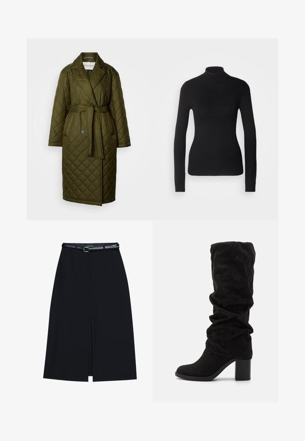 Manteau long matelassé en vert olive avec col à revers, taille ceinturée et deux fermetures à bouton. Présente une texture à motif en losanges.; Pull à col roulé noir en maille légère. Il possède des manches longues, une coupe ajustée et une texture côtelée douce.; Jupe noire à mi-cuisse avec une fente frontale, fabriquée en tissu lisse. Comprend une fine ceinture noire avec une boucle en argent et des passants.; Anna Field by Zalando Bottes - black