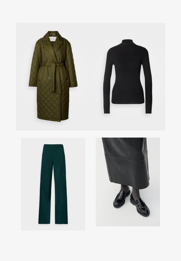 Manteau long matelassé en vert olive avec col à revers, taille ceinturée et deux fermetures à bouton. Présente une texture à motif en losanges.; Pull à col roulé noir en maille légère. Il possède des manches longues, une coupe ajustée et une texture côtelée douce.; Pantalon vert foncé à jambes droites, passants de ceinture, fermeture éclair à l'avant et jambes larges, posé à plat sur un fond blanc.; Mocassins en cuir noir avec une finition lisse, ornés d'une bande décorative, à bout rond et avec une semelle texturée. Portés avec une longue jupe en cuir noir.