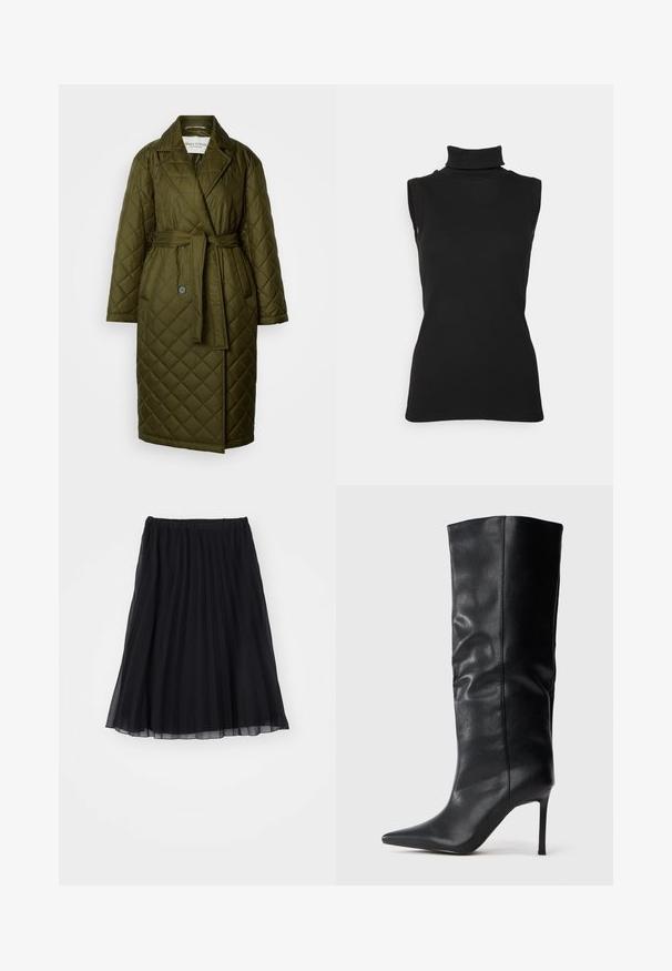 Quilted lang frakke i olivengrøn med en vstikka krave, bælte i taljen og to knaplukninger. Har diamantmønstret tekstur.; Sort ærmeløs turtleneck top lavet af ribbet stof, med høj hals og tætsiddende silhuet. Glat tekstur med minimal detaljering.; Sort plissee nederdel lavet af gennemsigtig stof med elastisk talje. Flydende design, der strækker sig til midt på læggen og viser lodrette folder.; Sort knæhøj læderstøvle med spids tå og tynd høj hæl mod en ensfarvet hvid baggrund.