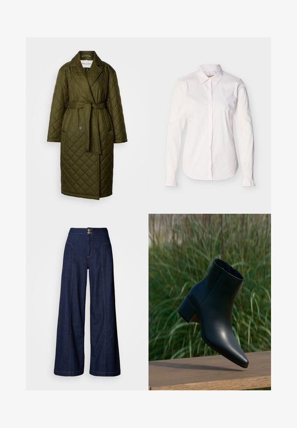Manteau long matelassé en vert olive avec col à revers, taille ceinturée et deux fermetures à bouton. Présente une texture à motif en losanges.; Chemise blanche à manches longues pour femmes avec col pointu, boutons cachés sur le devant et petits volants aux poignets.; Jean à jambes larges en denim foncé avec des surpiqûres orange contrastantes, deux poches avant et une fermeture à double bouton à la taille.; Bottine noire en cuir avec talon bloc, bout pointu, présentée au-dessus d'une surface en bois avec un fond flou d'herbe verte.