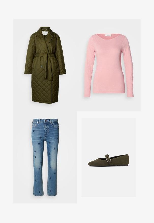 Quilted lang frakke i olivengrøn med en vstikka krave, bælte i taljen og to knaplukninger. Har diamantmønstret tekstur.; Langærmet T-shirt med rund hals i lyserød, lavet af let, struktureret stof. Blød overflade med en afslappet pasform og ingen synlige dekorationer.; Lysblå denimjeans med lige ben, prydet med marineblå blomsterbroderi og slitageeffekter nær lommerne og kanten.; Æblegrøn ruskind Mary Jane flad sko med sølvspænde og rundet tå, vist på en hvid baggrund.