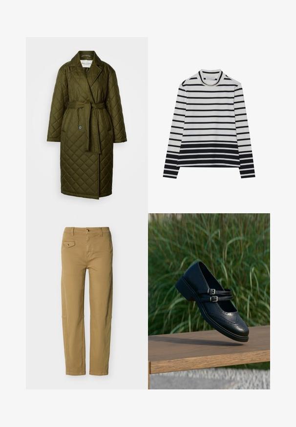 Manteau long matelassé en vert olive avec col à revers, taille ceinturée et deux fermetures à bouton. Présente une texture à motif en losanges.; T-shirt à manches longues en coton, présentant des rayures horizontales noires et blanches, un col montant haut et une coupe décontractée avec des fentes sur les côtés.; Pantalon droit couleur kaki avec fermeture à bouton et fermeture éclair, passants pour ceinture et petite poche à rabat avec bouton sur le côté avant gauche.; Chaussure Mary Jane en cuir noir avec doubles brides bouclées et détails brogue, flottant au-dessus d'un banc en bois avec en arrière-plan de l'herbe verte.