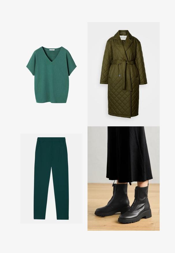 Manteau long matelassé en vert olive avec col à revers, taille ceinturée et deux fermetures à bouton. Présente une texture à motif en losanges.; T-shirt vert manches courtes en V, coupe ample avec un ourlet droit, présenté sur fond blanc.; Pantalon vert foncé en matière douce, avec deux poches latérales et une coupe droite. Style minimaliste sans motifs visibles.; Bottines en cuir noir avec une semelle plateforme épaisse et une fermeture éclair à l'avant. Texture lisse avec un design minimaliste.