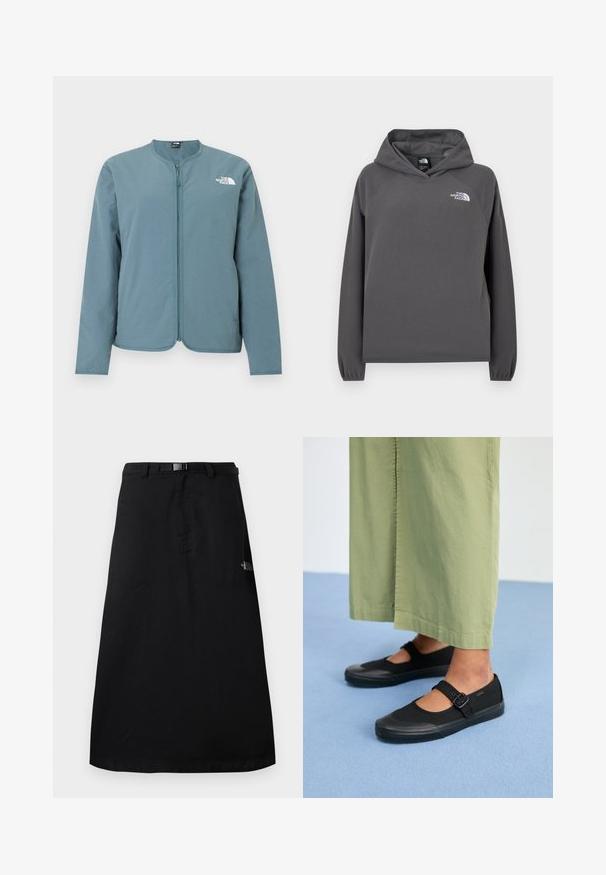Veste zippée à manches longues bleu clair, sans col, avec le logo blanc The North Face sur la partie supérieure gauche de la poitrine.; Sweat à capuche gris en polaire avec une coupe décontractée, des poignets côtelés et un petit logo blanc sur la poitrine gauche. Texture douce et design simple.; Jupe midi noire avec ceinture à taille ajustable et logo The North Face sur le côté droit.; Baskets noires en toile avec un bout arrondi, une semelle en caoutchouc et une sangle à boucle. Associées à un pantalon ample de couleur vert clair.