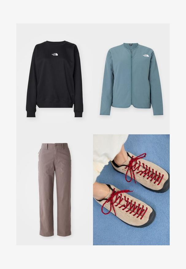 Helehall sinine pikkade varrukatega tõmmissulejope krae puudub ning valge The North Face'i logo on vasaku ülemise rinna kohal.; Mustra musta sviiter, mis on valmistatud puuvilla segust, ümarate kaelustega, pikad varrukad, soonikkoes mansetid ja väike valge logo rinnal.; Pruunist puuvillast valmistatud twill-püksid sirge jala lõikega, ees nööbiga kinnitamisega ja küljetaskutega, sileda tekstuuriga ja puhaste joontega.; Beezhikirid punased nööridega, paigutatud sinisele tekstureeritud pinnale, osaliselt paljastavad inimese pahkluu. Kingad on sportliku disainiga.