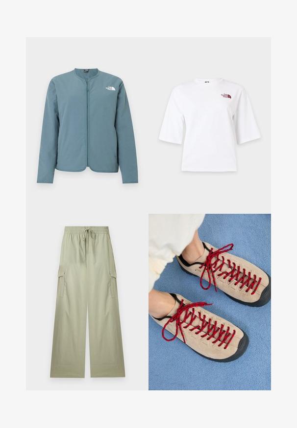 Veste zippée à manches longues bleu clair, sans col, avec le logo blanc The North Face sur la partie supérieure gauche de la poitrine.; T-shirt blanc à manches courtes, col rond, avec un petit logo "The North Face" bordeaux sur la partie supérieure gauche de la poitrine.; Pantalon cargo vert clair à jambes larges avec taille élastique et cordon de serrage, doté de poches latérales à rabat et d'une coupe décontractée.; Des chaussures beiges avec des lacets rouges, posées sur une surface bleue texturée, révèlent partiellement la cheville d'une personne. Les chaussures ont un design sportif.