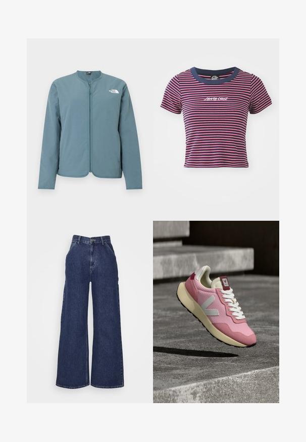 Hellblaues Langarm-Jacke mit Reißverschluss, kragenlosem Ausschnitt und weißem The North Face-Logo auf der oberen linken Brust.; Gestreiftes Kurzarm-T-Shirt in Marineblau, Rot und Pink. Verfügt über einen einfarbigen marineblauen Halsausschnitt und ein gesticktes "SANTA CRUZ"-Logo auf der Vorderseite.; Weite Denim-Jeans in dunkelblau, mit hoher Taille, Fronttaschen und einem Reißverschluss mit Metallknopf. Glatte Textur und klassisches Design.; Pinker Sneaker mit strukturiertem Mesh-Obermaterial, weißem Gummilogo und cremefarbenem Mittelsohlenbereich. Verfügt über eine pinke Fersenschlaufe und weiße Schnürsenkel. Schwarze Gummiaußensohle.