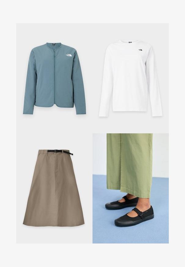 Veste zippée à manches longues bleu clair, sans col, avec le logo blanc The North Face sur la partie supérieure gauche de la poitrine.; T-shirt blanc à manches longues avec col rond et petit logo noir The North Face sur le côté gauche de la poitrine.; Jupe beige trapèze avec une ceinture noire réglable intégrée et une couture avant visible, posée à plat sur un fond blanc.; Baskets noires en toile avec un bout arrondi, une semelle en caoutchouc et une sangle à boucle. Associées à un pantalon ample de couleur vert clair.