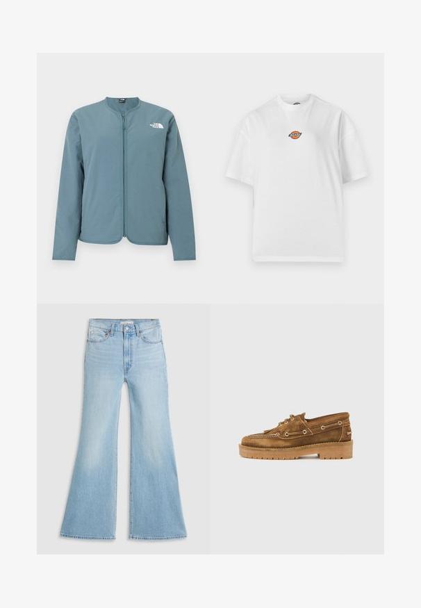 Hellblaues Langarm-Jacke mit Reißverschluss, kragenlosem Ausschnitt und weißem The North Face-Logo auf der oberen linken Brust.; Weißes T-Shirt mit kurzen Ärmeln und Rundhalsausschnitt, mit einem kleinen bunten Dickies-Logo in der Mitte der Brust vor einem einfarbigen Hintergrund.; Helle blaue Schlagjeans mit hoher Taille, aus Denim gefertigt. Sie verfügen über ein klassisches Fünf-Taschen-Design und einen rohen Saum an den Säumen.; Brauner Wildleder-Slipper mit dicker Gummisohle, Schnürung vorne und Mokassin-ähnlicher Naht auf unifarbenem weißen Hintergrund.