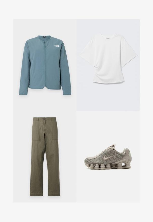 Hellblaues Langarm-Jacke mit Reißverschluss, kragenlosem Ausschnitt und weißem The North Face-Logo auf der oberen linken Brust.; Weißes kurzärmeliges Oversized T-Shirt mit Rundhalsausschnitt, dargestellt vor hellem grauem Hintergrund.; Olivgrüne Baumwollhosen mit geradem Bein, zwei großen Seitentaschen und einem Knopfverschluss an der Taille.; Hellbeiger Nike Shox Sneaker mit sichtbarer säulenförmiger Dämpfungssohle und Mesh-Obermaterial.
