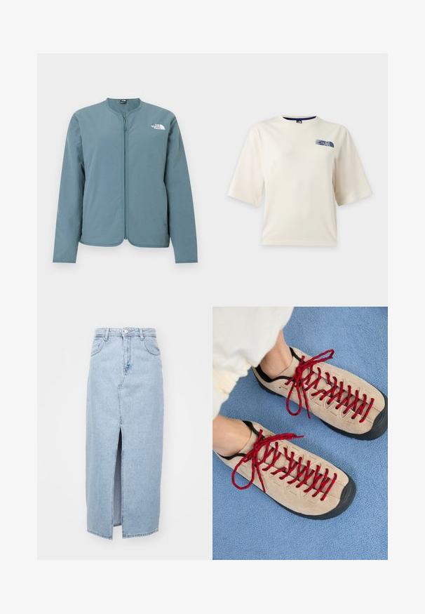 Helehall sinine pikkade varrukatega tõmmissulejope krae puudub ning valge The North Face'i logo on vasaku ülemise rinna kohal.; Valge lühikeste varrukatega T-särk, millel on vasakul rinna ülaosas väike sinine The North Face'i logo.; Heledad sinine teksaseelik, millel on ees lõhk, vöörihmade aukud ja klassikaline viie tasku disain. Sile tekstuur ja puhas viimistlus.; Beezhikirid punased nööridega, paigutatud sinisele tekstureeritud pinnale, osaliselt paljastavad inimese pahkluu. Kingad on sportliku disainiga.