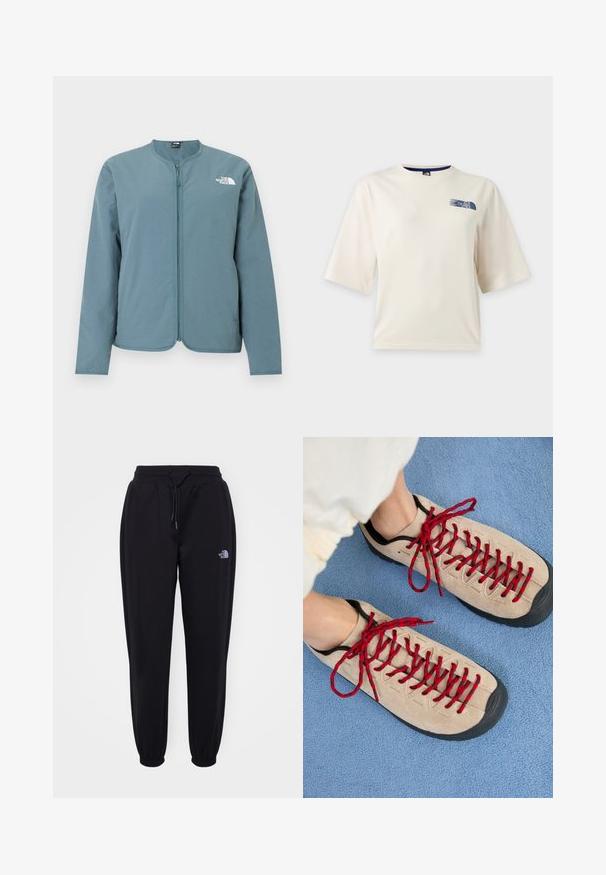Lichtblauw jack met lange mouwen en ritssluiting, zonder kraag en met het witte The North Face-logo op de bovenste linkerborst.; Wit T-shirt met korte mouwen met een klein blauw The North Face-logo op de bovenste linkerborst.; Zwarte joggingsbroek met elastische tailleband en boorden, trekkoord, zijzakken en een klein wit The North Face-logo op de rechterdij.; Beige schoenen met rode veters, geplaatst op een blauwe, gestructureerde ondergrond, onthullen gedeeltelijk de enkel van een persoon. De schoenen hebben een sportief ontwerp.
