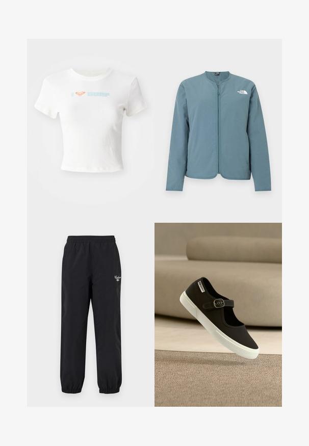 Hellblaues Langarm-Jacke mit Reißverschluss, kragenlosem Ausschnitt und weißem The North Face-Logo auf der oberen linken Brust.; Weißes, kurz geschnittenes T-Shirt aus Baumwolle, mit einem orangefarbenen Herzsymbol und dem Schriftzug "SURF" in hellblauer Schrift auf der Vorderseite. Kurzärmlig, rundhals.; Schwarze Hosen mit elastischem Bund und elastischen Bündchen sowie einem kleinen weißen Carhartt-Logo am oberen linken Oberschenkel.; Schwarzer Mary Jane Sneaker mit weißer Gummisohle und verstellbarem Schnallenriemen, schwebend über einem beigen Teppich mit Sofa im Hintergrund.