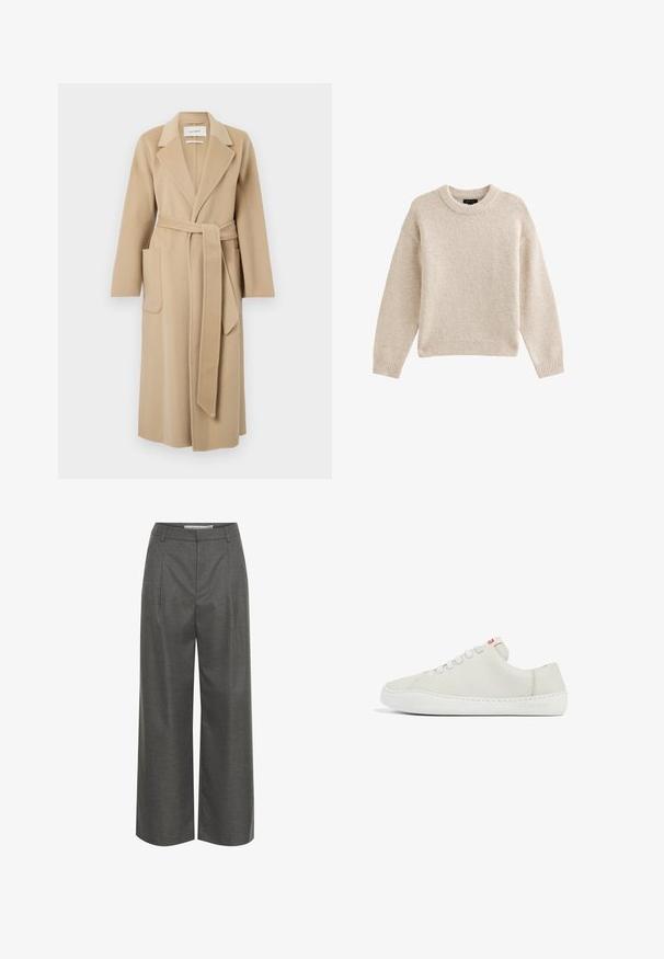 Lang beige uldfrakke med brede klapper, to forlommer og et matchende bælte der er bundet om taljen.; Beige strikket sweater med rund hals, lange ærmer og ribbet kant. Tekstureret stof med en blød udseende. Enkel og alsidig design.; Grå brede bukser lavet af struktureret stof, med høj talje og frontfolder, uden synlige lommer eller hardware detaljer.; Hvide lædersneakers med lav profil, rund tå, flad snørebåndslukning og hvid gummisål. Udstyret med diskret syning og et lille logo.