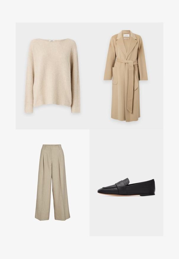 Langer beige Wollmantel mit breiten Revers, zwei Vordertaschen und einem passenden Gürtel, der in der Taille gebunden ist.; Beige gestrickter Pullover mit lockerer Passform, weitem Bootsausschnitt und gerippten Bündchen. Weiche Textur mit einem dezenten horizontalen Muster.; Beige Hosen mit weitem Bein, senkrechten Nadelstreifen, Gürtelschlaufen, vorderen Falten und einem hohen Bund.; Schwarzer flacher Lederloafer mit spitzer Zehe, breitem Riemen über dem Vorderfuß und hellbrauter Sohle, im Profil auf weißem Hintergrund gezeigt.