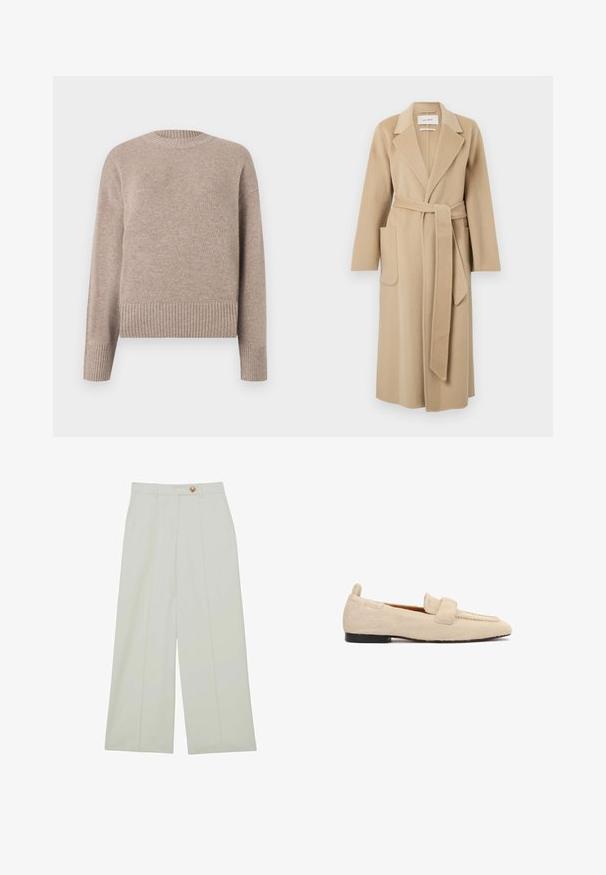 Lang beige uldfrakke med brede klapper, to forlommer og et matchende bælte der er bundet om taljen.; Beige strikket sweater med rund hals, ribbede manchetter og kant. Blød tekstur og afslappet pasform, velegnet til afslappet brug.; Bukser med vide ben lavet af let stof i en off-white farve, med forreste læg og en enkelt knaplukning.; Beige flad loafer med en tekstureret, pelslignende overflade, sort sål og en bred rem tværs over skoens øverste del.
