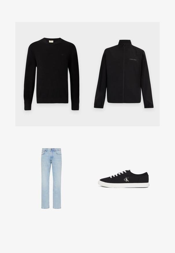 Chaqueta negra con cremallera, cuello alto, puños elásticos y logo de "Calvin Klein" en el pecho izquierdo sobre un fondo liso.; Calvin Klein Jersey de punto - black; Vaqueros de mezclilla azul claro de pierna recta con botón delantero, cierre de cremallera y diseño de cinco bolsillos, mostrados sobre fondo blanco.; Zapatilla negra de corte bajo con cordones y suela blancos, con el logo "cK" en el lateral, presentada sobre un fondo blanco.