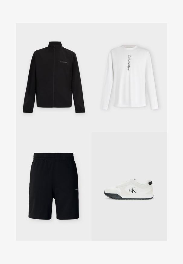 Chaqueta negra con cremallera, cuello alto, puños elásticos y logo de "Calvin Klein" en el pecho izquierdo sobre un fondo liso.; Camiseta blanca de manga larga con cuello redondo con el logo "Calvin Klein" impreso verticalmente en negro en el centro delantero.; Pantalones cortos negros hasta media muslo con cintura elástica, hechos de tela suave, con un pequeño logo blanco de Calvin Klein en la pierna derecha.; Zapatilla blanca de Calvin Klein con suela negra, paneles de ante y malla, logo CK en el lado y marca Calvin Klein en el talón y la suela.