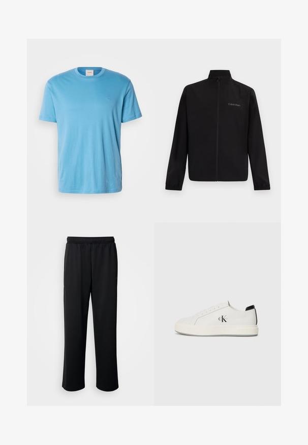 Sort jakke med lynlås, høj krave, elastiske ærmegab og "Calvin Klein"-logo på venstre bryst mod en ensfarvet baggrund.; Lys blå kortærmet bomulds t-shirt med rund hals og et lille, broderet logo på brystet. Glat tekstur, almindelig pasform.; Sorte træningsbukser lavet af blødt, åndbart stof. De har en elastisk linning og lige ben uden markante accenter eller mønstre.; Hvide lædersneakers med rund tå, flad gummisål og sort hælaccent. Har et fremtrædende sort Calvin Klein-logo på siden.