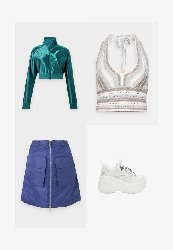 Veste de survêtement courte vert sarcelle avec manches longues, poignets et col côtelés, fermeture éclair à l'avant, et grand logo Puma sur la poitrine.; Haut halter en crochet avec des rayures bleu clair, beige et blanc, doté d'un décolleté en V profond et d'un lien dans le dos. Texture en torsion ouverte sur l'ensemble.; Jupe bleu marine en nylon avec fermeture éclair à l'avant. Elle possède deux grandes poches plaquées et une silhouette structurée. Texture lisse.; Baskets plateformes épaisses blanches avec panneaux en mesh, semelle épaisse texturée, languettes et décorations de lacets en nœud et chaîne en métal noir.