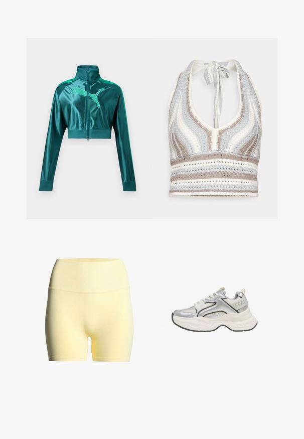 Veste de survêtement courte vert sarcelle avec manches longues, poignets et col côtelés, fermeture éclair à l'avant, et grand logo Puma sur la poitrine.; Haut halter en crochet avec des rayures bleu clair, beige et blanc, doté d'un décolleté en V profond et d'un lien dans le dos. Texture en torsion ouverte sur l'ensemble.; Shorts en tissu jaune avec une taille côtelée, présentant une texture lisse et un design de longueur intermédiaire, adaptés pour le sport ou les tenues décontractées.; Baskets épaisses argent et blanc avec détails en mesh et cuir, semelle blanche épaisse, et logo "BUFFALO" sur la bride du talon.