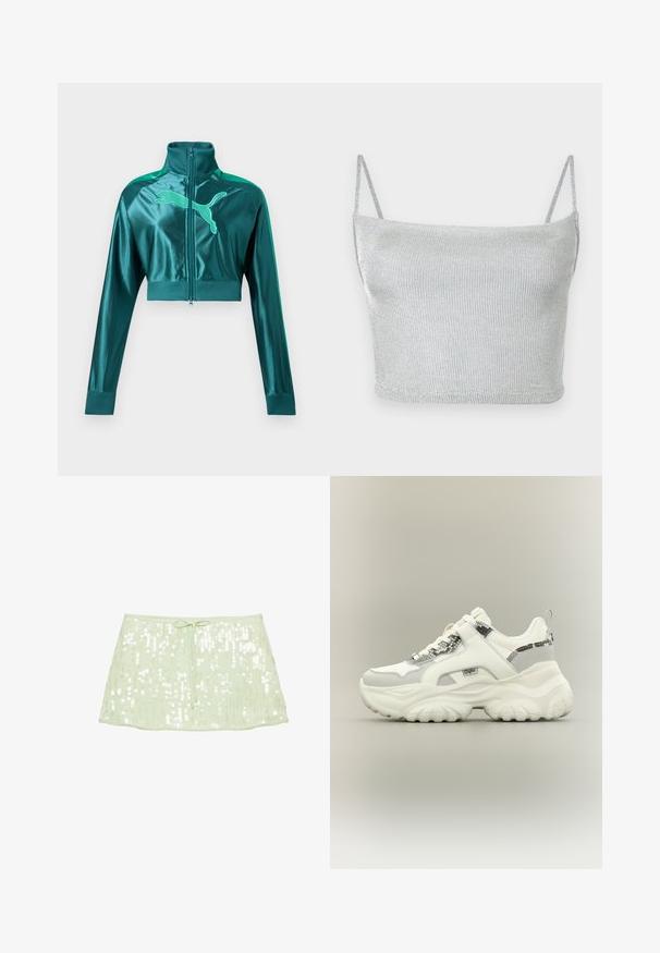 Veste de survêtement courte vert sarcelle avec manches longues, poignets et col côtelés, fermeture éclair à l'avant, et grand logo Puma sur la poitrine.; Crop top court en maille métallique argentée avec fines bretelles ajustables. Coupe ajustée et texture lisse. Aucun motif ni détail métallique visible.; Mini-jupe à sequins vert clair avec un cordon à la taille, présentée sur fond blanc uni.; Baskets blanches épaisses avec des accents à motif de peau de serpent, semelle épaisse texturée, et bride Velcro sur les lacets sur fond neutre.