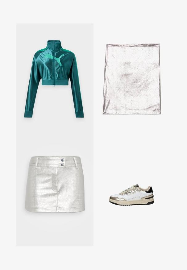 Diepgroene cropped trainingsjas met lange mouwen, geribbelde boorden en kraag, ritssluiting aan de voorkant en groot Puma-logo op de borst.; Metaalachtig zilverkleurig stof met een gladde textuur en een lichte glans. Rechthoekige vorm, randen netjes gestikt, geen opvallende patronen of accenten.; Zilveren faux leren rok met een gestructureerd krokodillenpatroon, voorzien van twee blauwe knoopaccenten en een aansluitend ontwerp.; Witte en gouden sneaker met zwarte accenten, voorzien van glad leer, een ronde neus, vetersluiting en een gestructureerde rubberen zool.