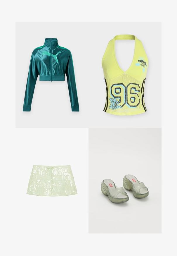 Veste de survêtement courte vert sarcelle avec manches longues, poignets et col côtelés, fermeture éclair à l'avant, et grand logo Puma sur la poitrine.; Haut dos nu jaune avec une section en maille au milieu, un grand "96" noir et bleu ainsi que des motifs floraux bleus, et le texte "Barbados 96" sur la poitrine.; Mini-jupe à sequins vert clair avec un cordon à la taille, présentée sur fond blanc uni.; Melissa MELISSA QUANTUM PLATFORM X DIESEL AD - Sandales de bain - clear