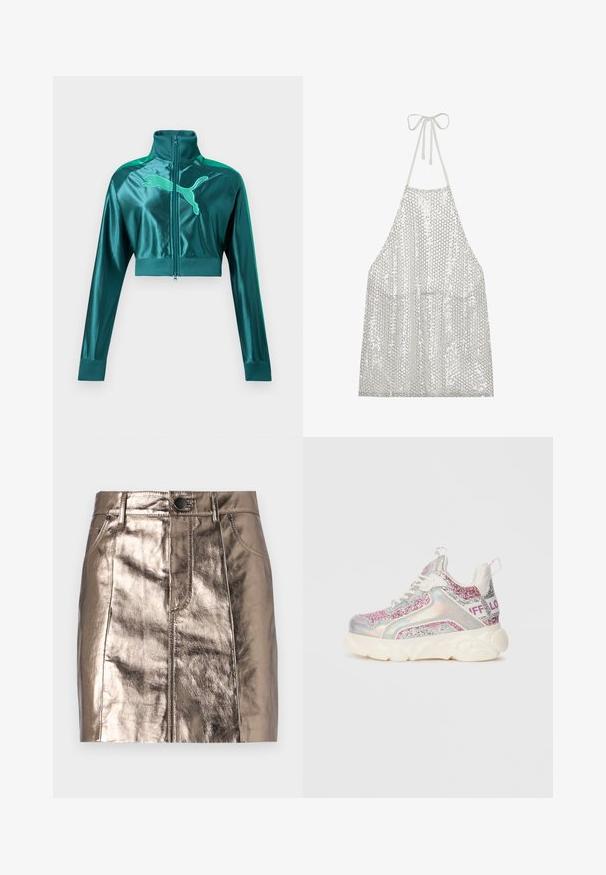 Diepgroene cropped trainingsjas met lange mouwen, geribbelde boorden en kraag, ritssluiting aan de voorkant en groot Puma-logo op de borst.; Zilver sequin schort met halternekstrik. Dit schort is gemaakt van een lichte stof bedekt met kleine ronde pailletten die licht en textuur weerkaatsen.; Metaalachtige bronzen denim mini-jurk met een rechte snit, voorzakken en een tailleband met knoopsluiting. Glad en glanzend textuur.; Chunky sneaker met witte zool, holografische panelen, roze en zilveren glinsteraccenten, witte veters en "BUFFALO" tekst op de hielband.
