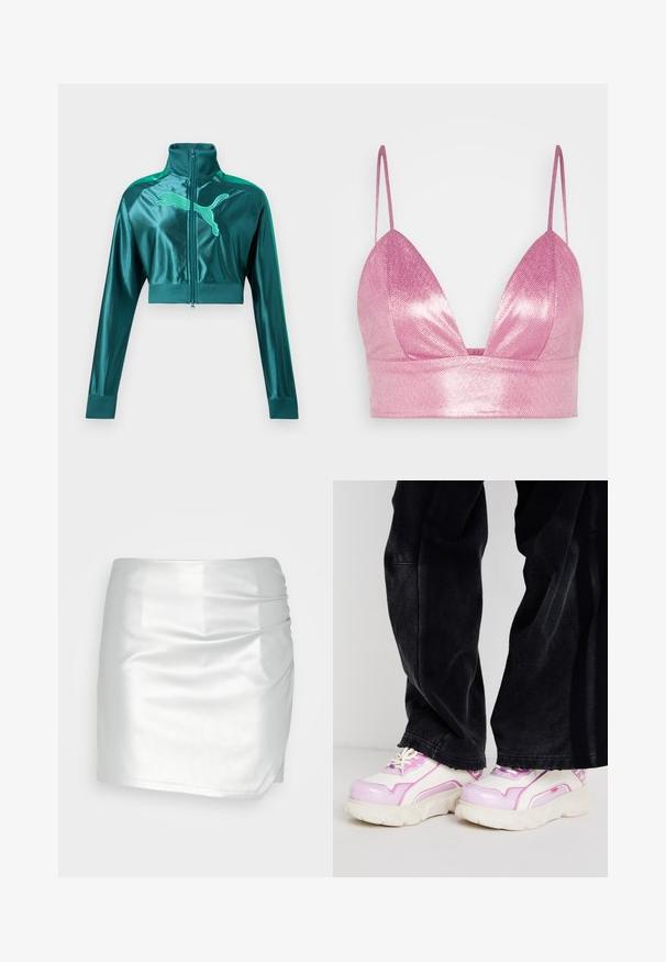 Türkiisroheline lühendatud jooksvate varrukatega jope, millel on soonikkäte- ja kraeääred, esil lukk ja suure Pumaga logo rinnal.; Gina Tricot BRALETTE - Topp - pink; Even&Odd by Zalando Lühikesed püksid - silver; Tõmblikud tennisetossud valgete ja roosa värvitooniga, millel on läikiv viimistlus ja paks, tekstureeritud tallavarras. Paelad on kontrastse värviga.