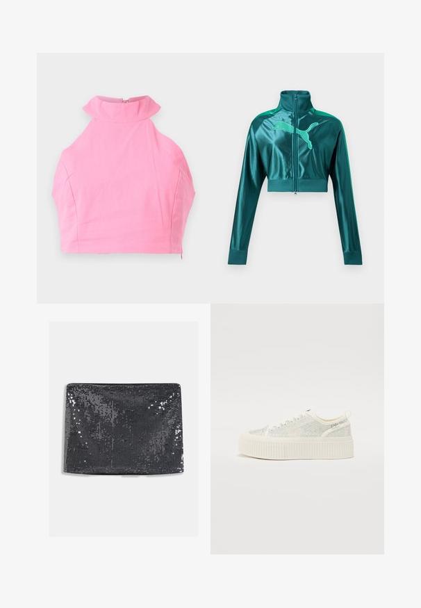 Veste de survêtement courte vert sarcelle avec manches longues, poignets et col côtelés, fermeture éclair à l'avant, et grand logo Puma sur la poitrine.; Top court rose avec un col froncé haut, texture lisse et fermeture à glissière à l'arrière. Coupe ajustée sans motifs ou accents supplémentaires.; Pochette noire en sequins de forme rectangulaire, présentant une texture lisse et des sequins réfléchissants couvrant la surface pour un éclat supplémentaire.; Baskets plateformes blanches avec une tige texturée featuring des accents irisés et une semelle épaisse à nervures. Lacets et une languette à l'arrière.