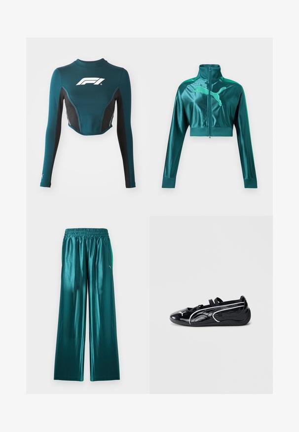 Diepgroene cropped trainingsjas met lange mouwen, geribbelde boorden en kraag, ritssluiting aan de voorkant en groot Puma-logo op de borst.; Teal lange mouwen crop top met zwarte zijpanelen. Heeft een wit logo op de borst en contrasterende stiksels. Gemaakt van rekbaar materiaal.; Teal glanzende wijd uitlopende sportbroek met elastische tailleband en lichtteal Puma-logo op de linker dij.; Zwart gepatineerd leren schoen met een lage profiel, voorzien van een ronde neus, zwarte elastische banden en witte accenten langs de zijkanten.