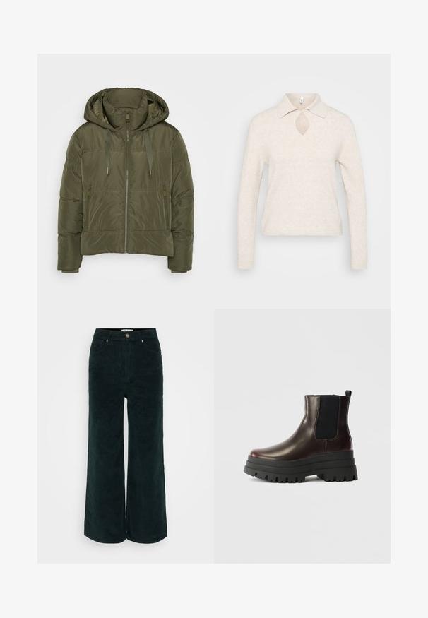 Oliven grøn polstret jakke med hætte, frontlynlås, snoretræk og to lynlåslommer på siden, designet til koldt vejr.; Strikket pullover i lys beige med krave, nøglehul-udskæring i halsen og lange ærmer; tekstureret, blødt stof med en afslappet pasform.; Breddebenede kordfløjl bukser i mørkegrøn med høj talje, knaplukning og to forlommer. Blød tekstur med ribbet design.; Brun læder ankelstøvle med elastiske sidepaneler, chunky sort platformssål og pull tab. Har en glat overflade og robust mønster.