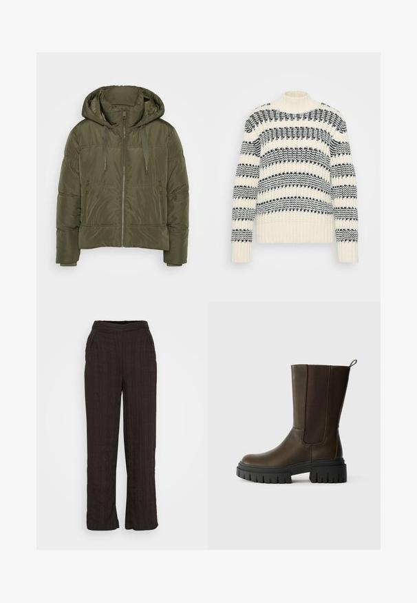 Veste rembourrée vert olive avec capuche, fermeture éclair frontale, cordons de serrage et deux poches latérales zippées, conçue pour les temps froids.; Pull en tricot avec un col montant, présentant des rayures horizontales crème et marine. Poignets et ourlet côtelés. Texture épaisse avec une apparence confortable.; Pantalons larges noirs en tissu texturé avec un design plissé. Dotés d'une ceinture élastique et de poches latérales.; Bottine en cuir brun avec des panneaux élastiques sur les côtés, semelle en caoutchouc noir épaisse et une boucle pour un enfilage facile. Texture lisse et design moderne.