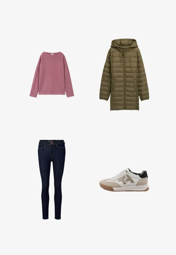 TOM TAILOR DENIM LIGHTWEIGHT STEPP MIT KAPUZE - Wintermantel - grape leaf green; Lange mouwen, loshangende trui van een zachte roze gebreide stof. Ronde halslijn en verlaagde schouders, met een gestructureerde afwerking.; Donkere denim skinny jeans met een hoge taille, een rafelige zoom en oranje stiksels. Voorzien van een ritssluiting aan de voorkant, knoopsluiting en vijf zakken.; Witte en beige sneaker met een bovenwerk van suède en leer, een gestructureerde rubberen zool en een zwarte hielkap. Heeft een opvallend logo aan de zijkant.