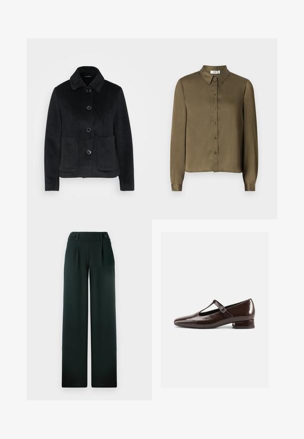 Mustikka fleece-takki, jossa on kaulus, kuusi nappia ja kaksi etutaskua. Sileä pinta ja istuva malli.; JDY JDYFIFI SHIRT - Paitapusero - dark olive; Tummanvihreät leveälahkeiset housut, jotka on valmistettu sileästä kankaasta. Housuissa on korkea vyötärö, laskoksia ja edessä kaksi näyttävää mustaa nappia.; Ruskeat patenttinahkaiset Mary Jane -kengät, joissa on pyöreä kärki, leikkauskuvio ja säädettävä remmi. Alhainen lohkokorko.