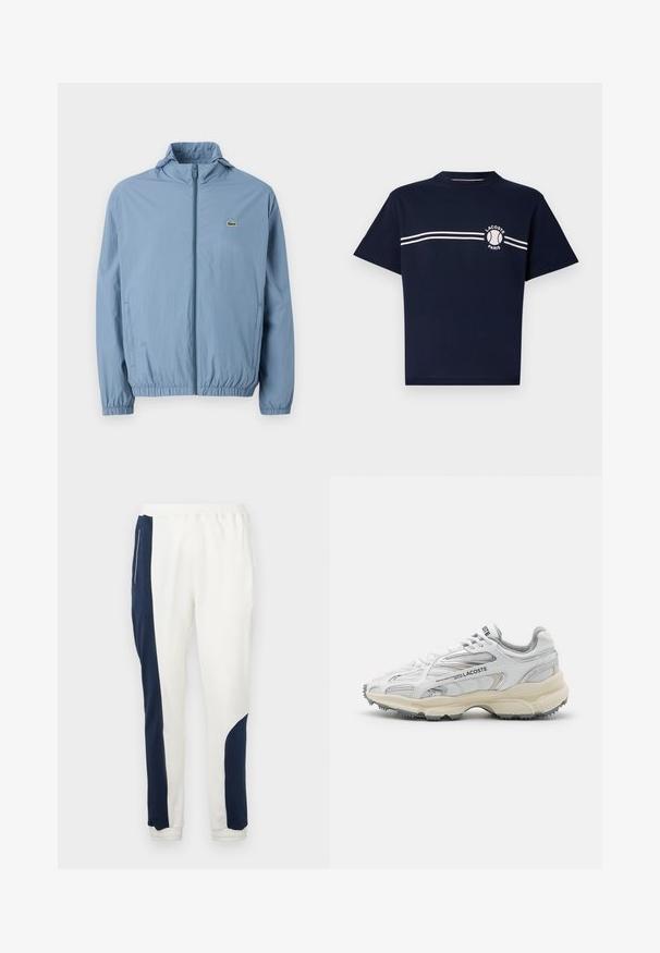 Chaqueta de cremallera azul claro con capucha, puños elásticos y cinturilla. Presenta un pequeño logo verde en el bolsillo izquierdo del pecho.; Camiseta de algodón navy de manga corta. Presenta un cuello redondo, dos franjas horizontales blancas en el pecho y un detalle de logo en el lado izquierdo.; Pantalones de chándal blancos con paneles laterales en azul marino y puños elásticos, fabricados en un tejido suave con una textura lisa y una cintura con cordón.; Zapatillas deportivas blancas con detalles en gris, parte superior de malla y sintético, diseño de cordones, y suela de goma texturizada con patrones de tracción.