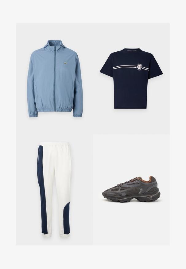 Chaqueta de cremallera azul claro con capucha, puños elásticos y cinturilla. Presenta un pequeño logo verde en el bolsillo izquierdo del pecho.; Camiseta de algodón navy de manga corta. Presenta un cuello redondo, dos franjas horizontales blancas en el pecho y un detalle de logo en el lado izquierdo.; Pantalones de chándal blancos con paneles laterales en azul marino y puños elásticos, fabricados en un tejido suave con una textura lisa y una cintura con cordón.; Zapatillas Lacoste en gris oscuro con material de malla y sintético, que cuentan con una suela texturizada y detalles en marrón en el cuello y la marca.