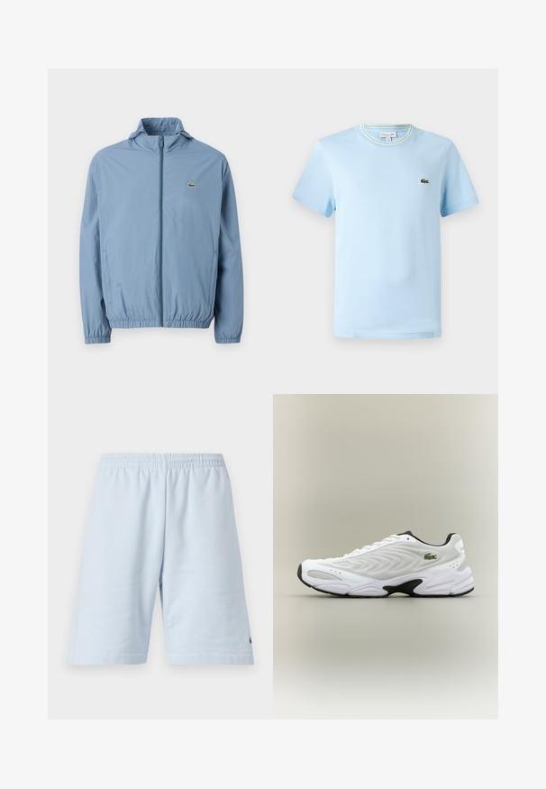 Chaqueta de cremallera azul claro con capucha, puños elásticos y cinturilla. Presenta un pequeño logo verde en el bolsillo izquierdo del pecho.; Camiseta de algodón azul claro con mangas cortas, cuello redondo con un ribete de rayas verdes y blancas, y un pequeño logo bordado en el pecho.; Pantalones cortos de algodón azul claro con cinturilla elástica. Presenta un diseño simple y sólido con dobladillo abierto. Acento del logo en el dobladillo inferior.; Zapatilla deportiva blanca con parte superior de malla texturizada, diseño curvado y suela exterior negra en contraste. Presenta un logo verde bordado en el lateral.