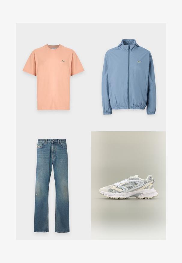 Chaqueta de cremallera azul claro con capucha, puños elásticos y cinturilla. Presenta un pequeño logo verde en el bolsillo izquierdo del pecho.; Camiseta de manga corta y cuello redondo en algodón color durazno claro con un pequeño logo de cocodrilo verde de Lacoste en el lado izquierdo del pecho.; Jeans de mezclilla azul con un diseño de pierna recta, que presentan un ligero desvanecimiento, bolsillos frontales y un cierre de botón en la cintura.; Zapatilla deportiva blanca con paneles de malla gris, superposiciones texturizadas, un collar acolchado y una suela de goma con pequeños picos de tracción.