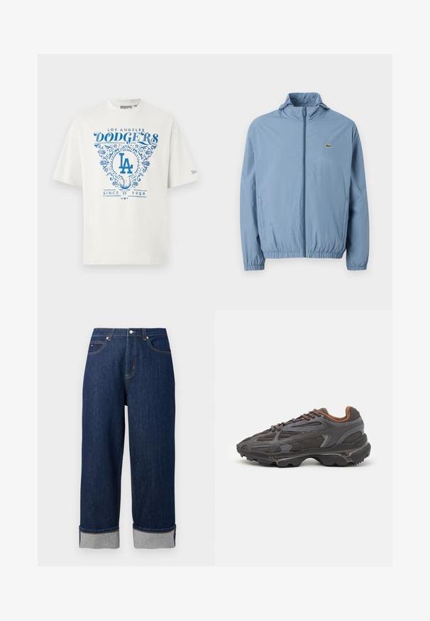 Chaqueta de cremallera azul claro con capucha, puños elásticos y cinturilla. Presenta un pequeño logo verde en el bolsillo izquierdo del pecho.; Camiseta de algodón blanca con texto gráfico azul "LOS ANGELES DODGERS" y "SINCE 1958" con acentos florales y el logo "LA" en el centro.; Pantalones vaqueros de pierna ancha en azul oscuro con dobladillos enrollados, botón delantero y costuras de contraste sobre un fondo blanco liso.; Zapatillas Lacoste en gris oscuro con material de malla y sintético, que cuentan con una suela texturizada y detalles en marrón en el cuello y la marca.