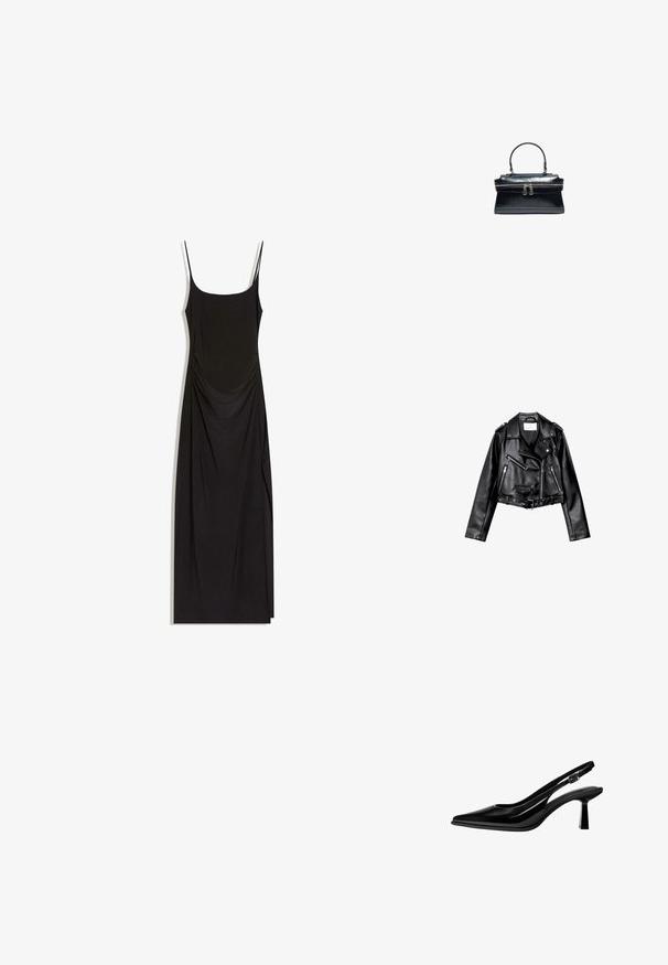 Veste de biker en cuir noir, courte, avec fermeture éclair frontale asymétrique, boutons à pression et quatre zips. Caractéristiques d'une ceinture ajustable à la taille.; Robe maxi noire sans manches avec fines bretelles, côtés froncés et encolure carrée sur fond blanc.; Escarpin slingback en cuir verni noir avec bout pointu, talon bloc de hauteur moyenne et bride réglable à boucle sur fond blanc.; Sac à main en cuir noir avec une poignée supérieure, une texture crocodile et une fermeture double à glissière au centre.