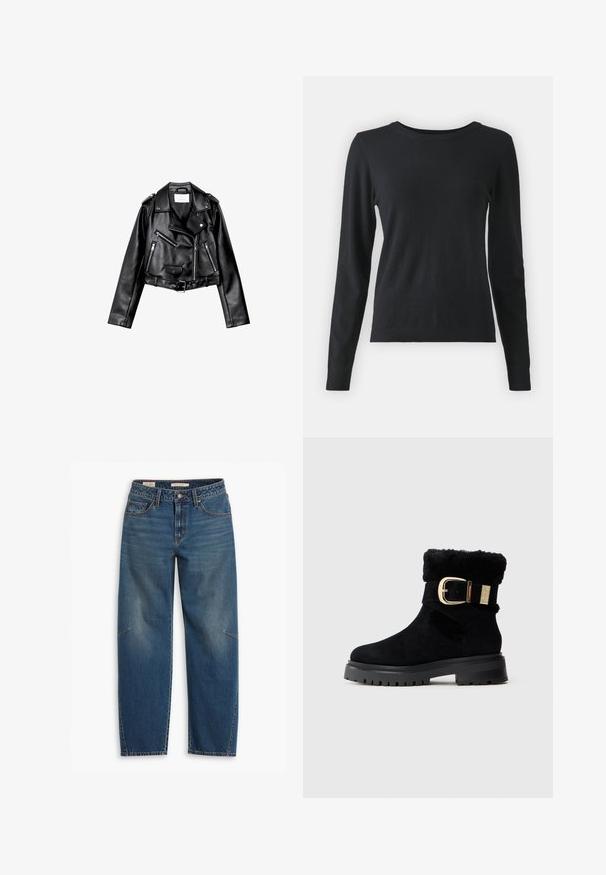 Sort cropped læderbikerjakke med asymmetrisk frontlynlås, trykknapper og fire lynlåse. Har et justerbart bælte i taljen.; Sort langærmet sweater lavet af blødt stof. Har en rund halsudskæring, ribbede manchetter og kant. Glat tekstur med en tætsiddende silhuet.; Blå denim jeans med en afslappet pasform, der har høj talje, lige ben, synligt syning og en lille detalje på venstre knæ.; Sort ruskindsankelstøvle med tyk gummisål, foldet fårskindskant og stor guldspænde detalje.