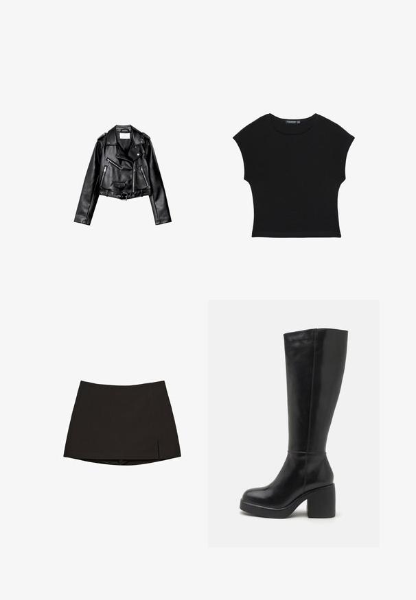 Veste de biker en cuir noir, courte, avec fermeture éclair frontale asymétrique, boutons à pression et quatre zips. Caractéristiques d'une ceinture ajustable à la taille.; Haut court noir à manches courtes avec encolure ronde et taille légèrement cintrée, fabriqué en tissu doux et léger.; Mini-jupe noire en tissu lisse, avec une coupe droite, des fentes latérales et un ourlet net. Simple et polyvalente.; Zign by Zalando LEATHER - Bottes à talons hauts - black
