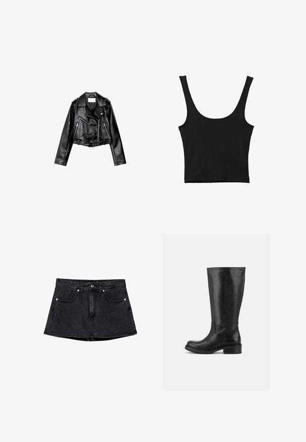 Veste de biker en cuir noir, courte, avec fermeture éclair frontale asymétrique, boutons à pression et quatre zips. Caractéristiques d'une ceinture ajustable à la taille.; Débardeur noir court avec de larges bretelles, fabriqué à partir d'un matériau doux, présentant une texture lisse et un design minimaliste.; Jupe en denim noir avec une taille cintrée, un design à cinq poches, une fermeture traditionnelle par bouton et zip, et un ourlet légèrement évasé.; Bottes hautes en cuir noir avec talon bloc bas et bout arrondi, dessus lisse avec coutures minimales sur fond uni.