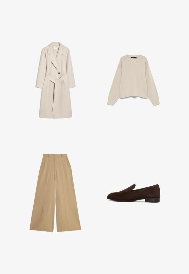 Lys beige lang uldfrakke med brede revers, lukning med enkelt knap, to sidelommer og et matchende stofbælte, der er bundet om taljen.; Beige ribstrikket sweater med lange ærmer og rund hals, lagt fladt på en hvid baggrund.; Beige brede bukser lavet af et let væv, med to sidelommer, flad front og en glat overflade.; Herres mørkebrune ruskind slip-on loafer med lav hæl og afrundet firkantet tå, vist i sideprofil på hvid baggrund.